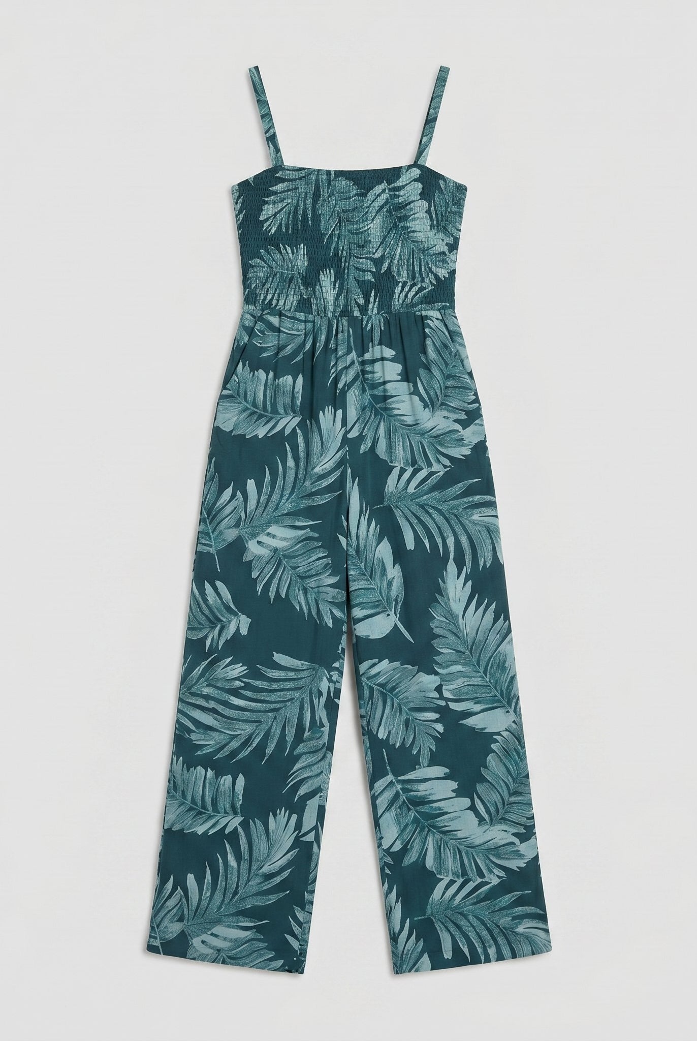 Teal wide-leg jumpsuit with smocked bodice product flat-lay