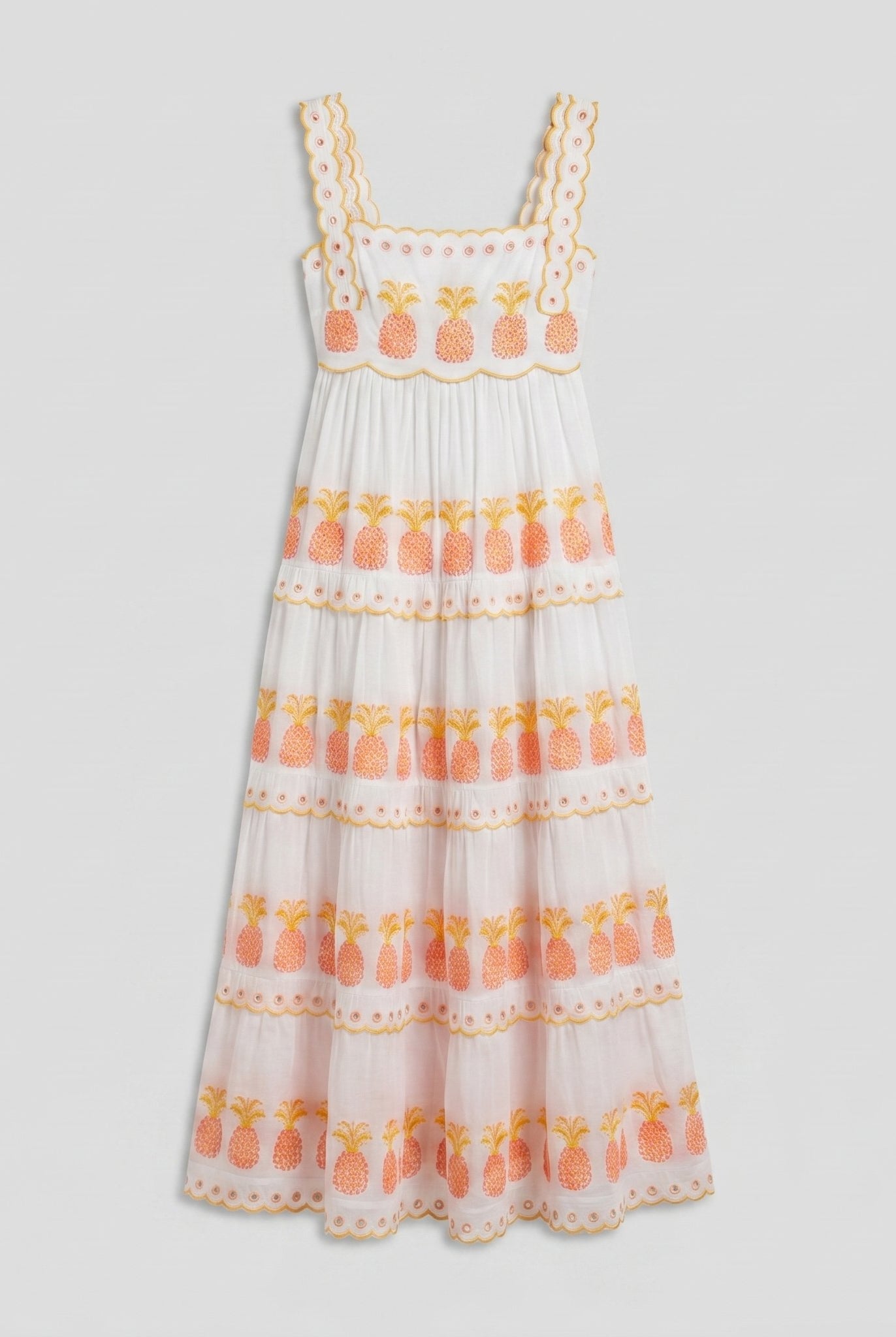 White square-neck tiered maxi dress with pineapple embroidery, product flat-lay