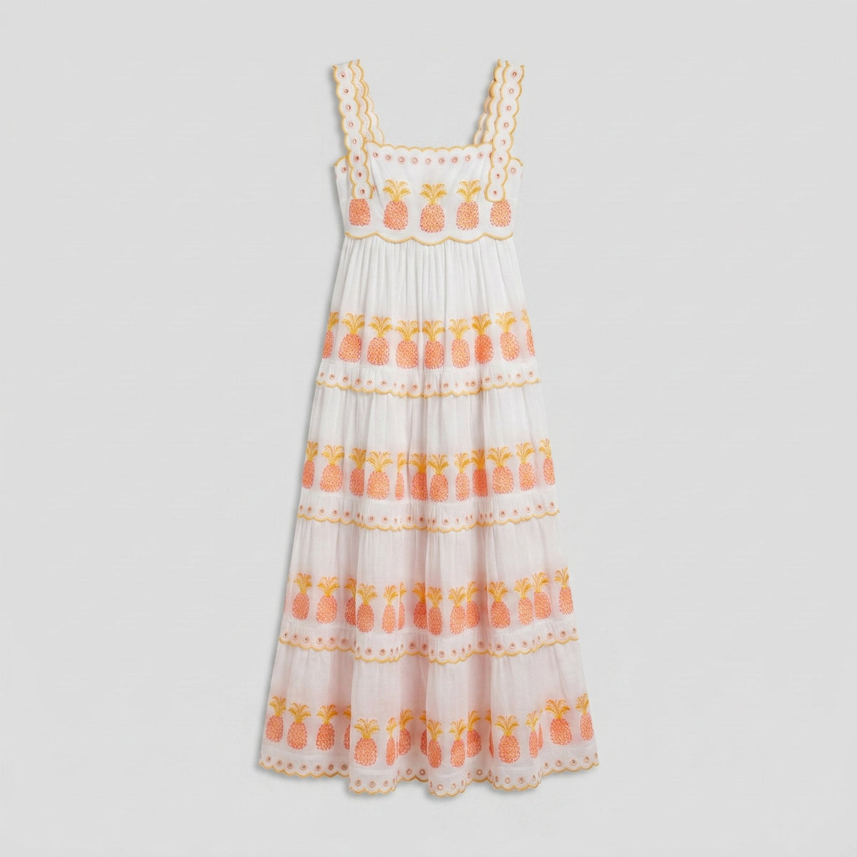 White square-neck tiered maxi dress with pineapple embroidery, product flat-lay