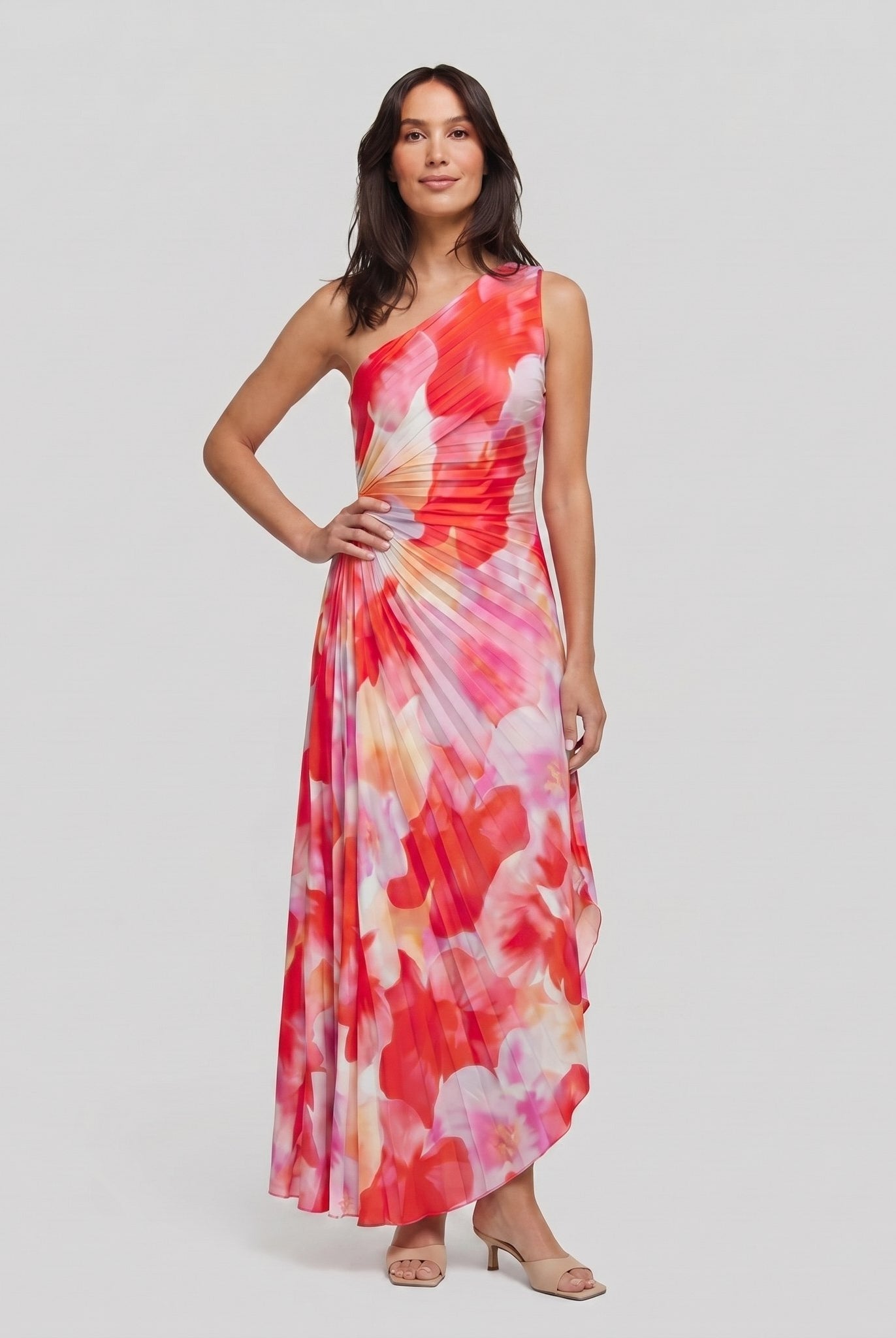 Model wearing floral one-shoulder midi dress - Taya Midi Dress