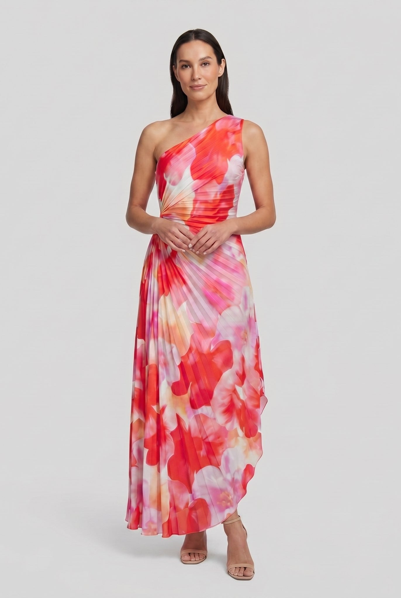 Model wearing floral pleated midi dress front view - Taya Midi Dress