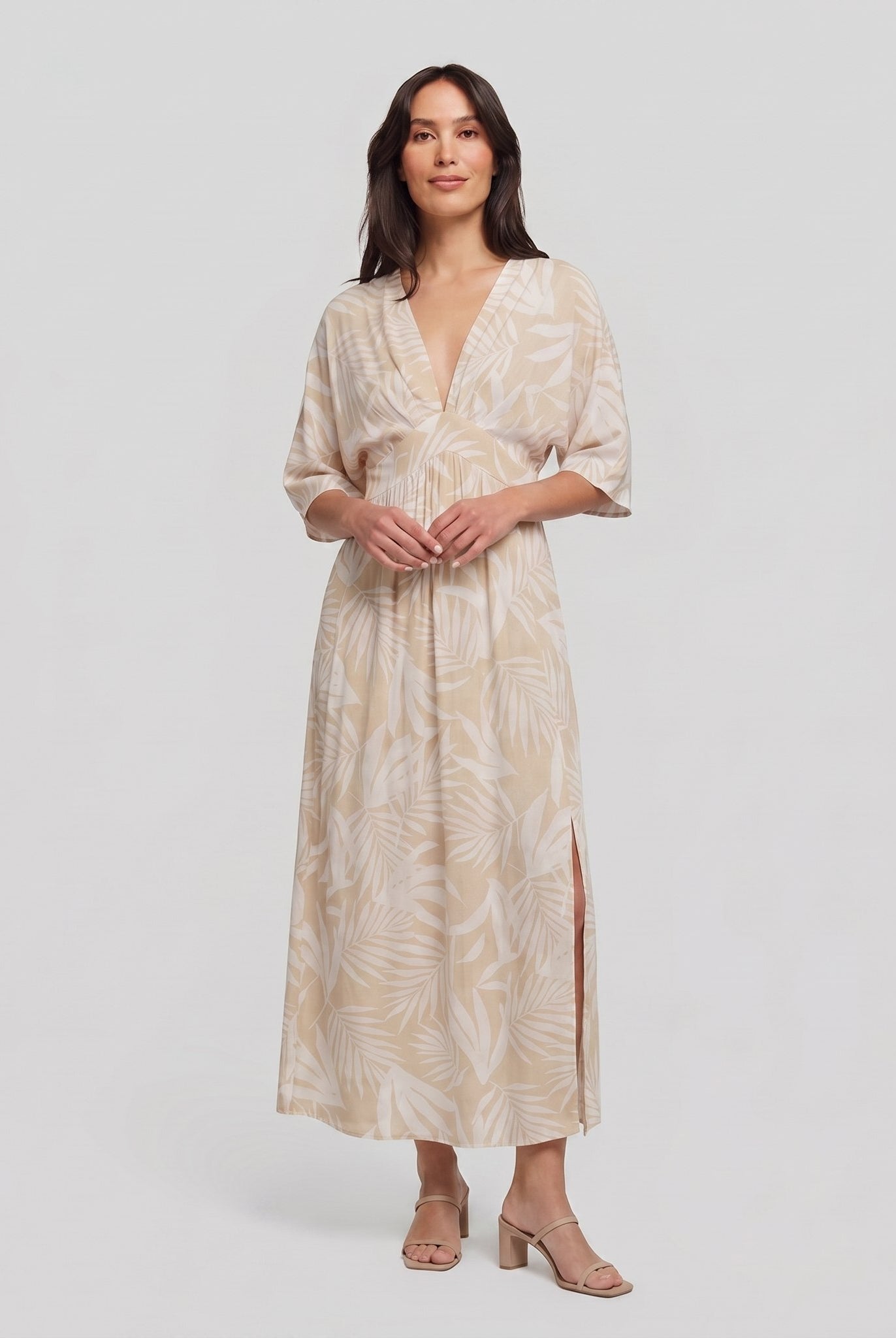 Beige tropical-print maxi dress, front view on model