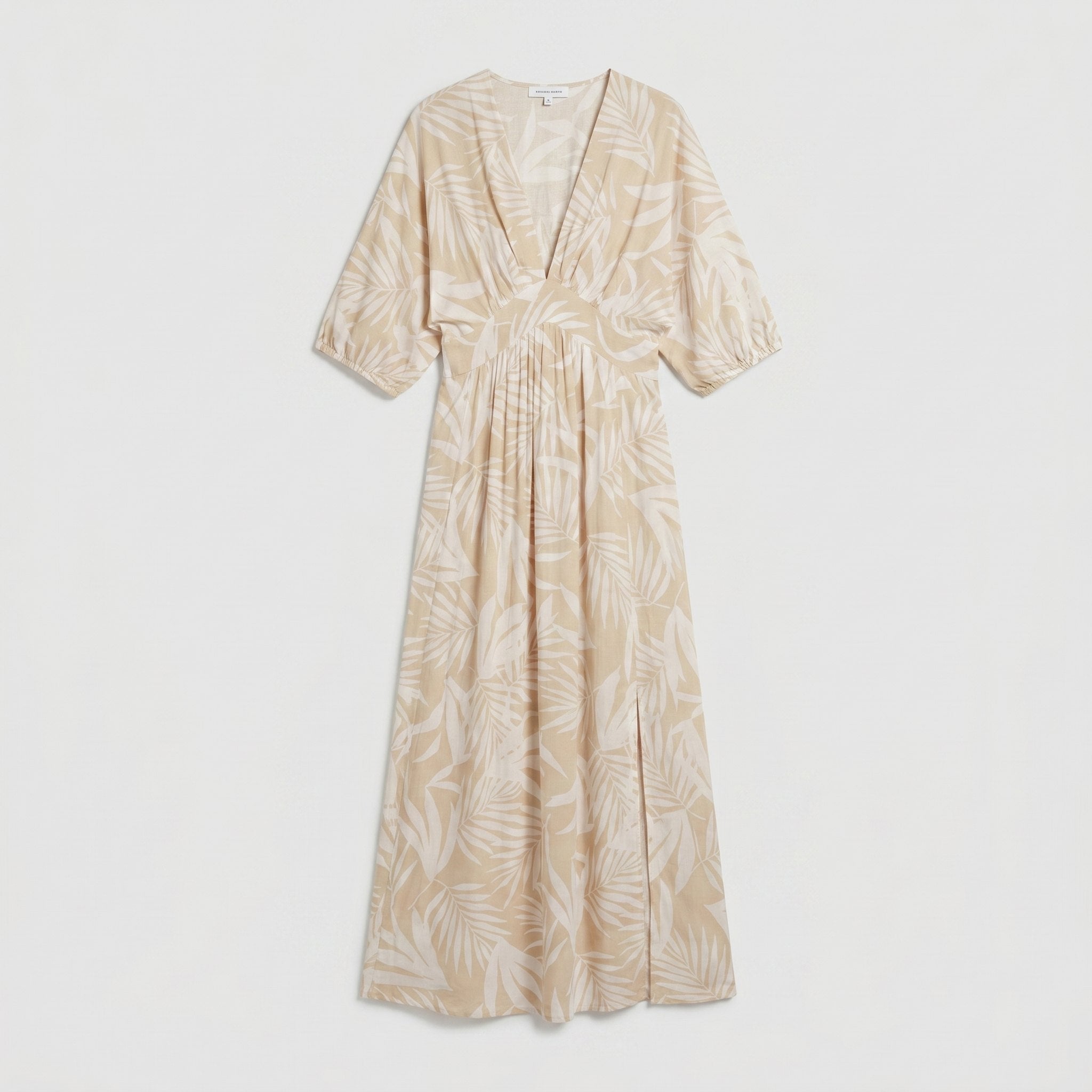 Beige tropical-print maxi dress with 3/4 sleeves, product flat-lay