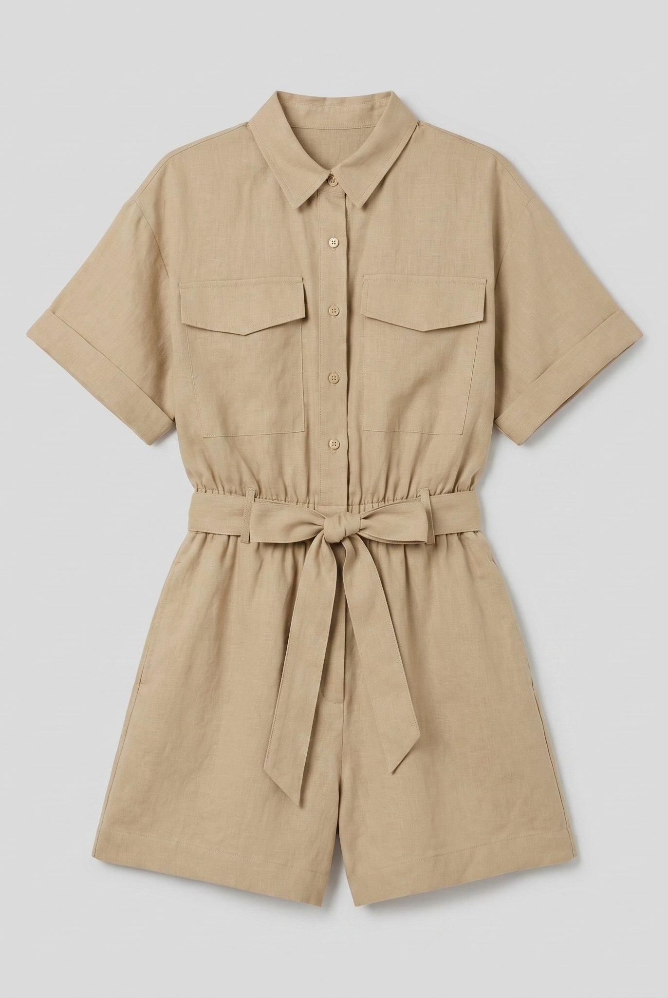 Beige utility shirt romper product flat-lay - Pamela Boutique