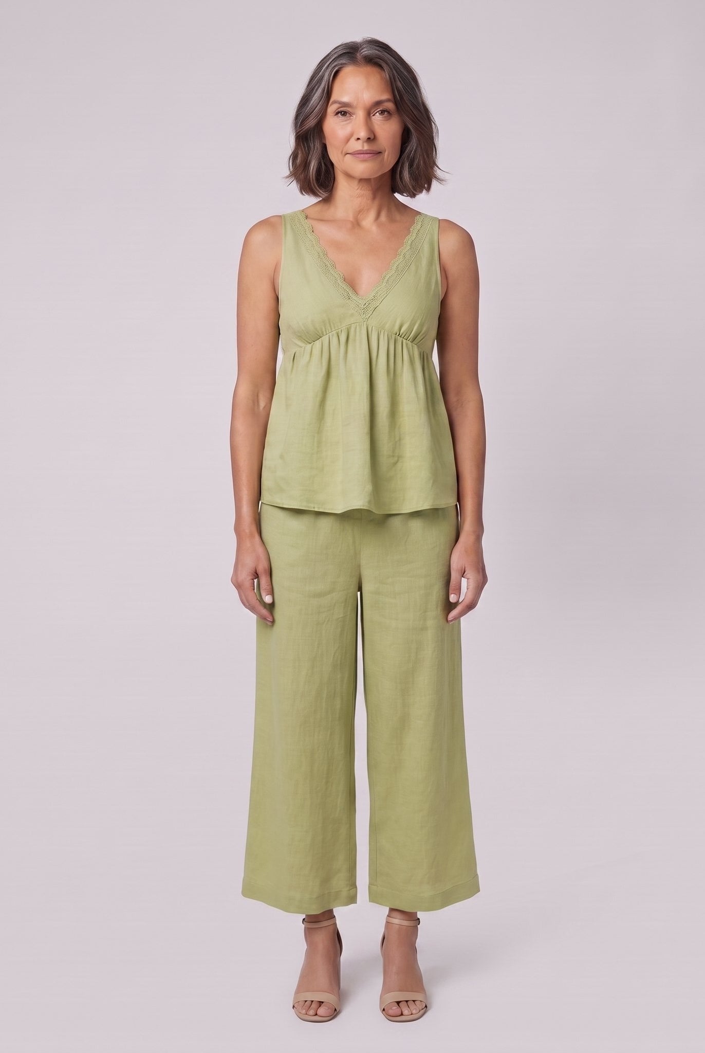 Vera sage green lace-trimmed loungewear set front