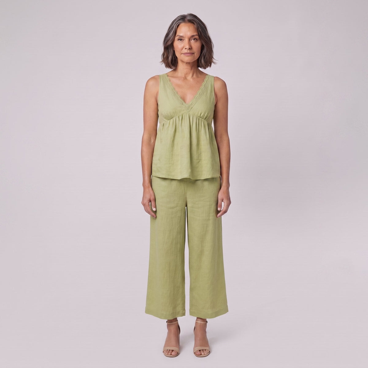 Vera sage green lace-trimmed loungewear set front