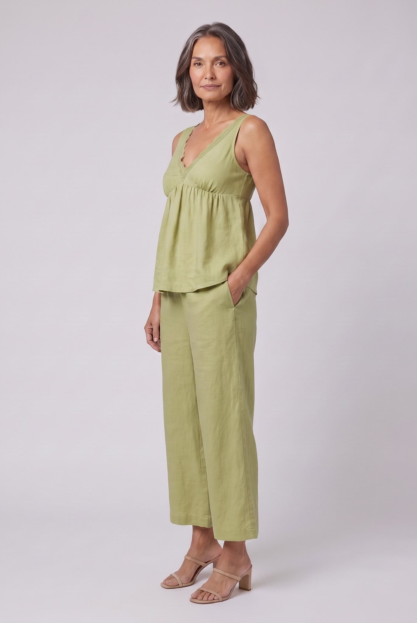 Vera sage green lace-trimmed loungewear set side
