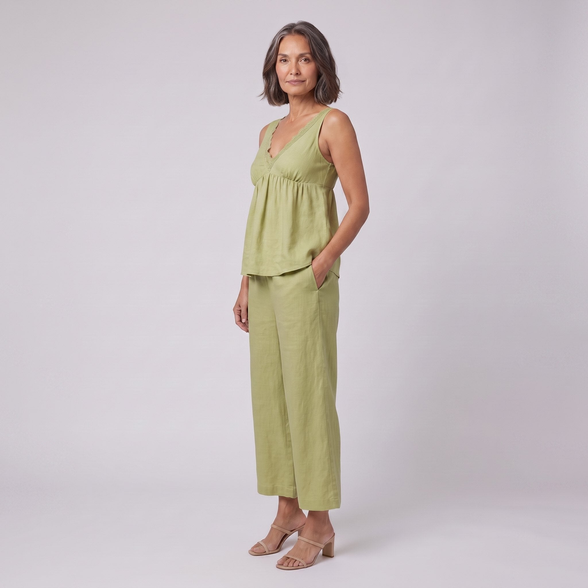 Vera sage green lace-trimmed loungewear set side
