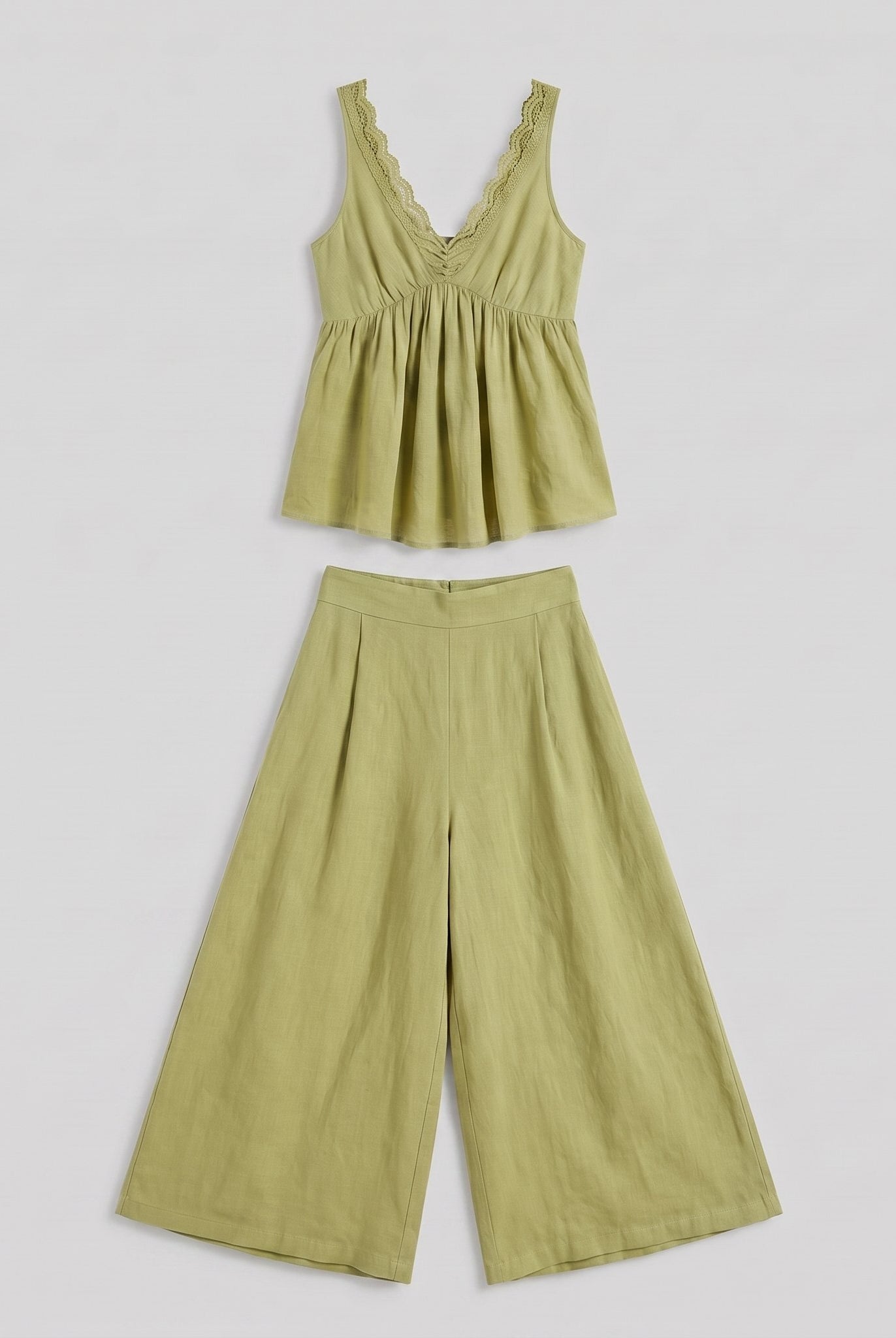 Vera sage green lace-trimmed loungewear set flat lay detail