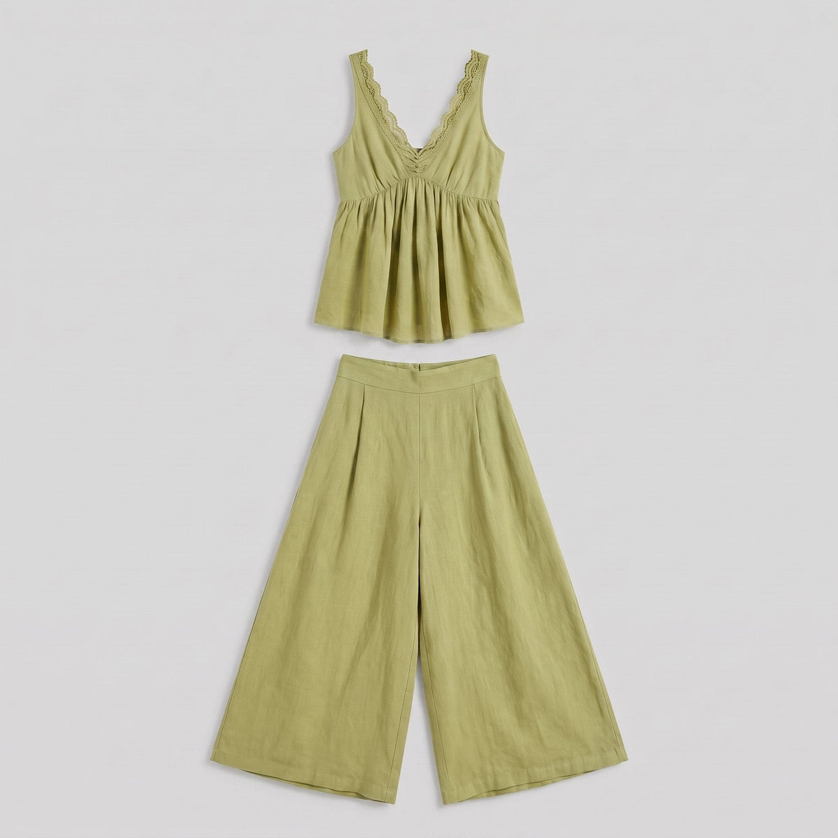 Vera sage green lace-trimmed loungewear set flat lay detail