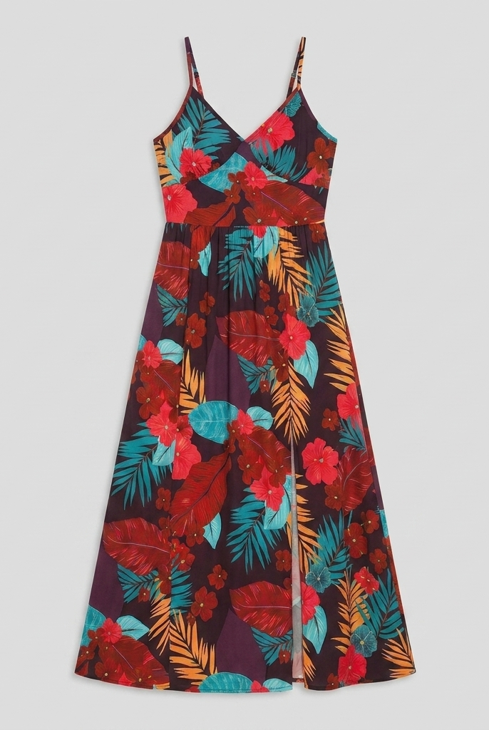 Vera Maxi Dress in FireBrick floral print - product flat lay on light grey studio background