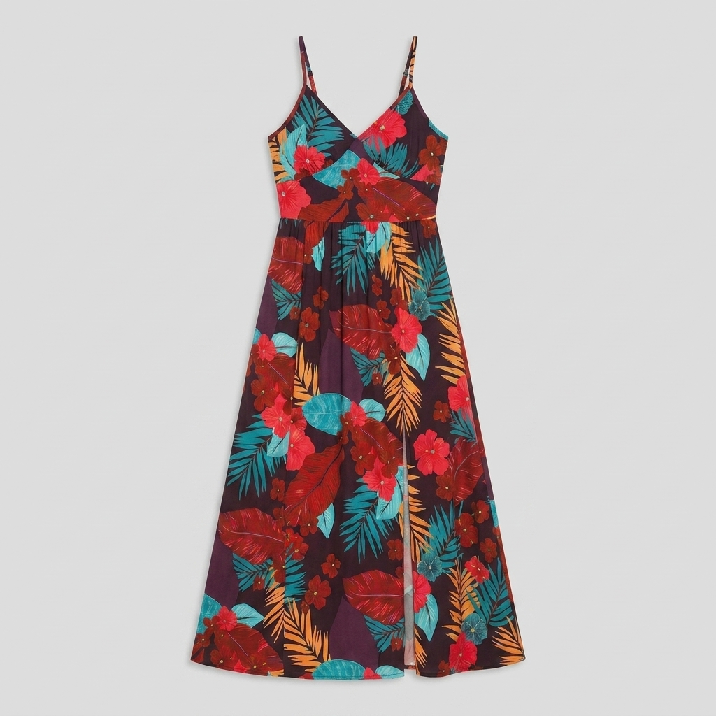 Vera Maxi Dress in FireBrick floral print - product flat lay on light grey studio background