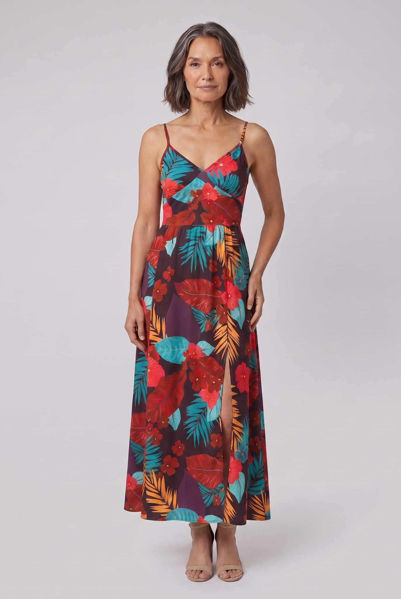 Vera maxi dress in floral print — model front view, light grey studio background