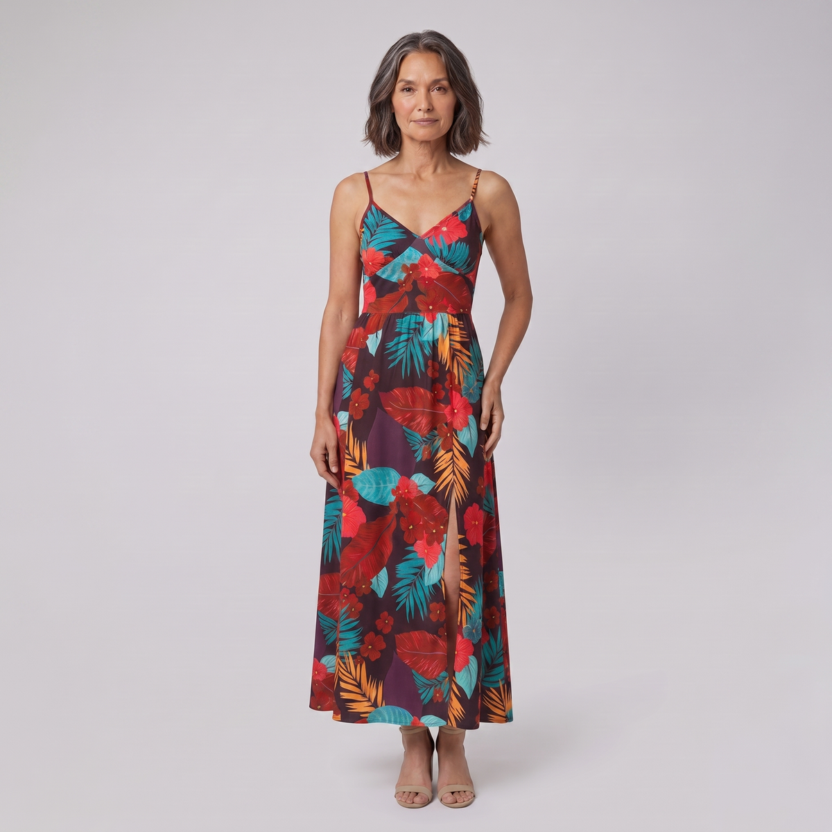 Vera maxi dress in floral print — model front view, light grey studio background