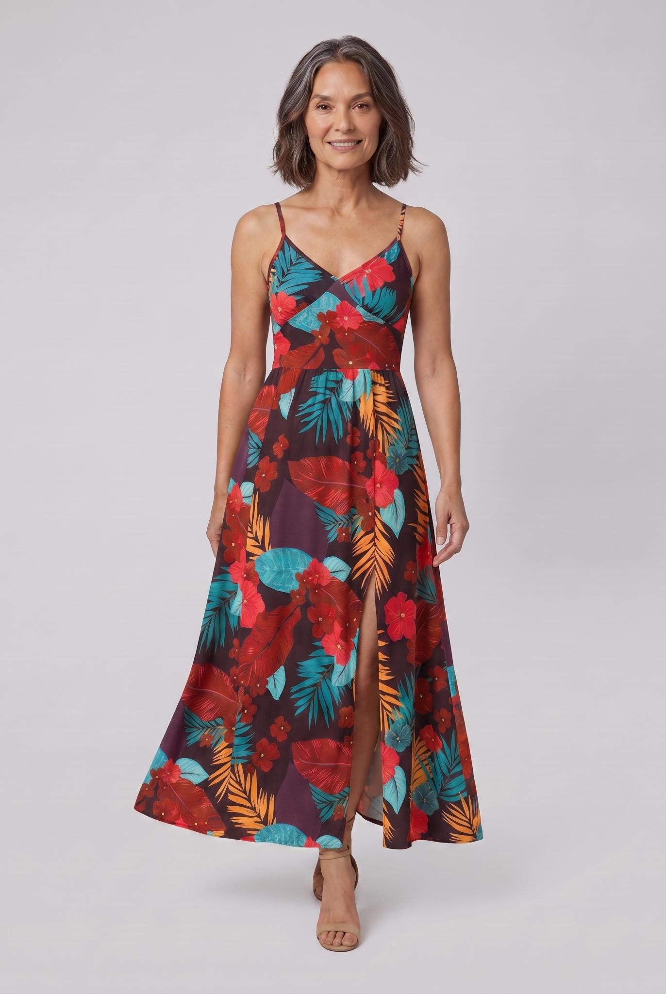 Vera maxi dress in floral print — model walking towards the camera, natural movement