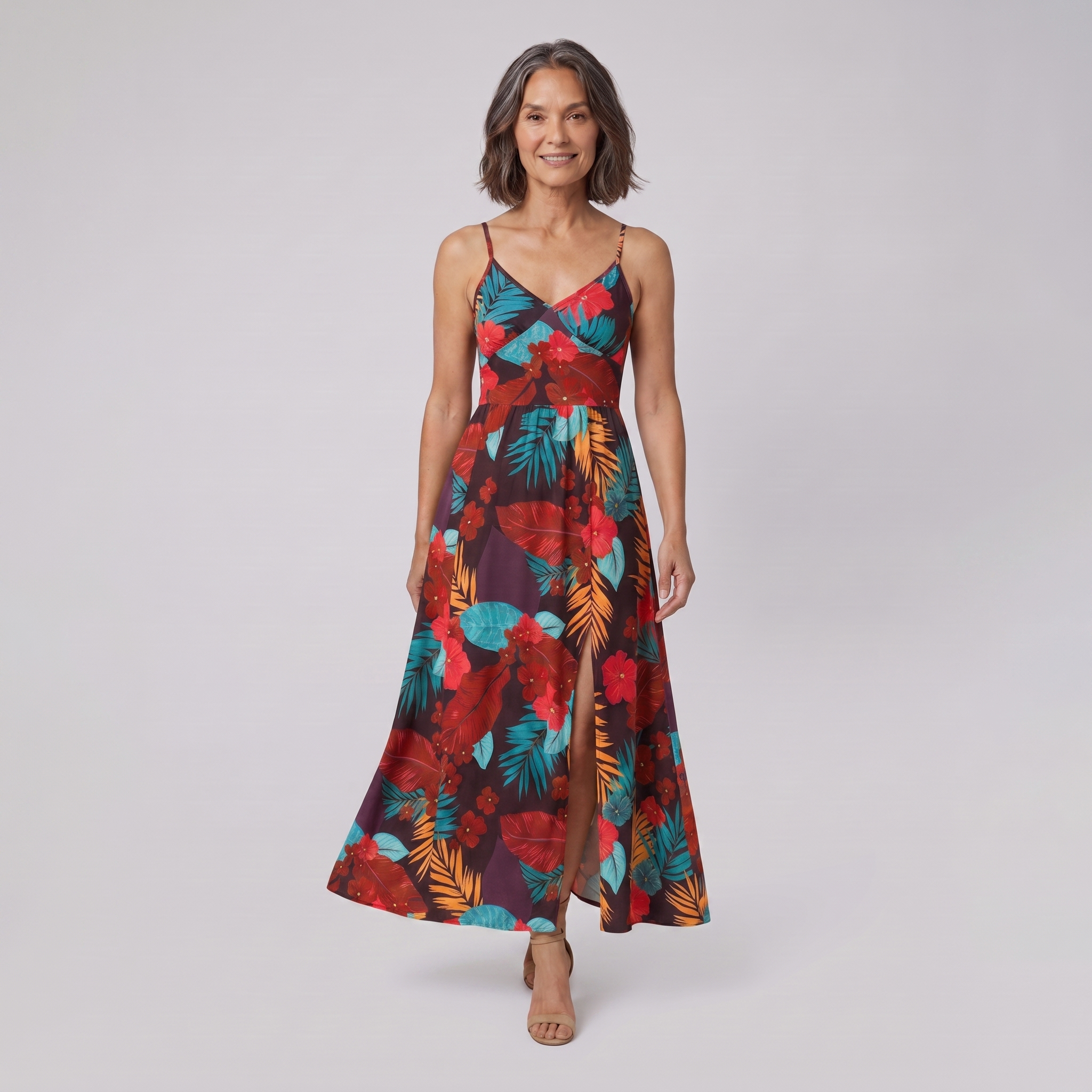Vera maxi dress in floral print — model walking towards the camera, natural movement