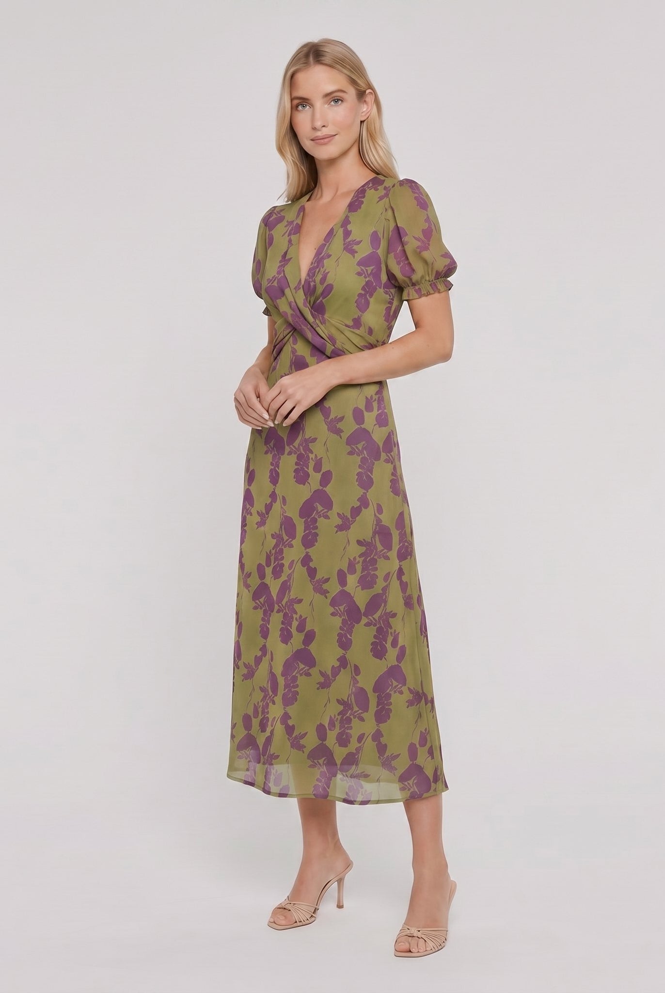 Virel floral wrap midi dress, three quarter view