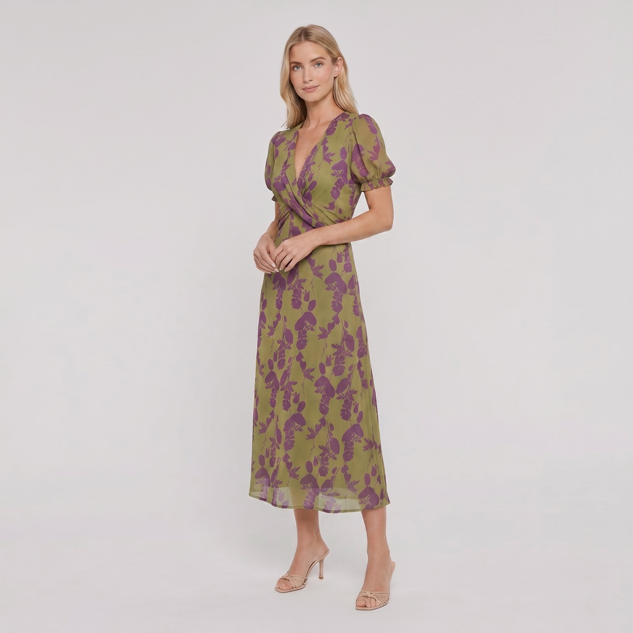 Virel floral wrap midi dress, three quarter view