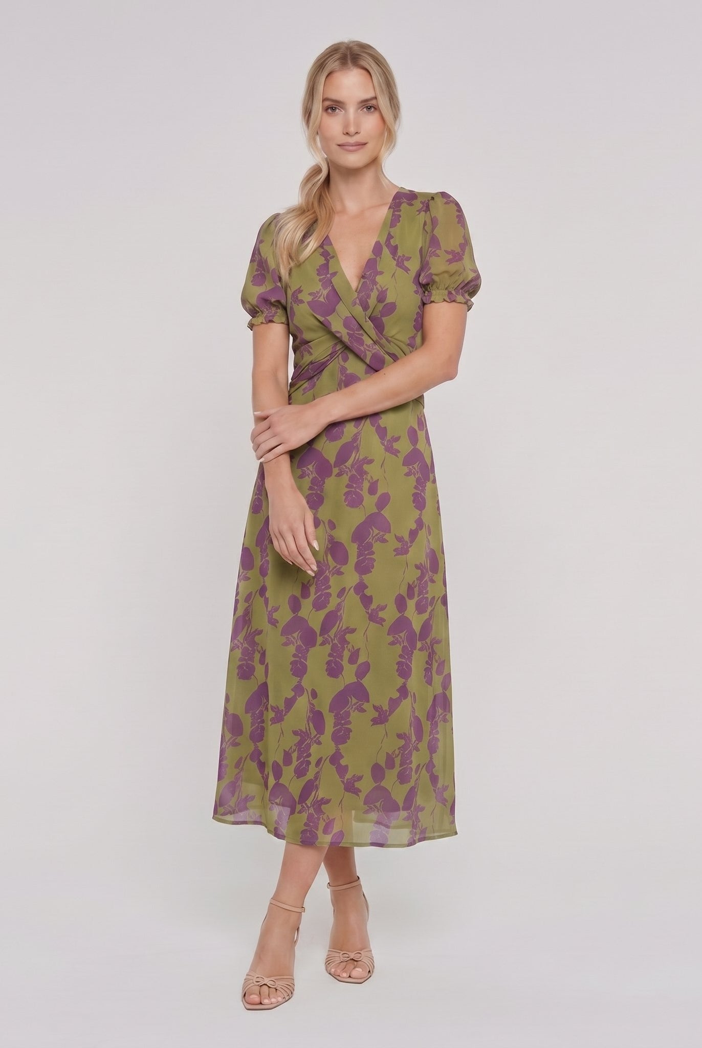 Virel floral wrap midi dress, front view