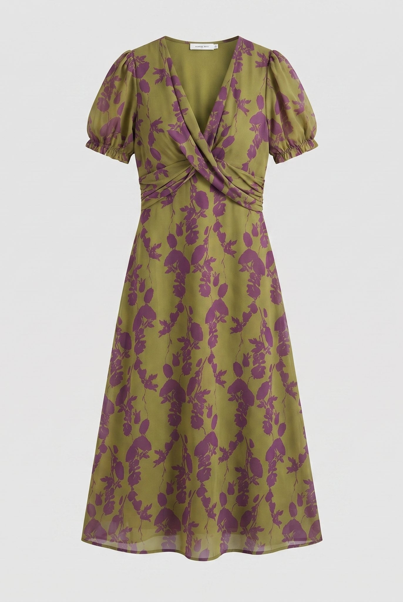 Virel floral wrap midi dress flat lay detail