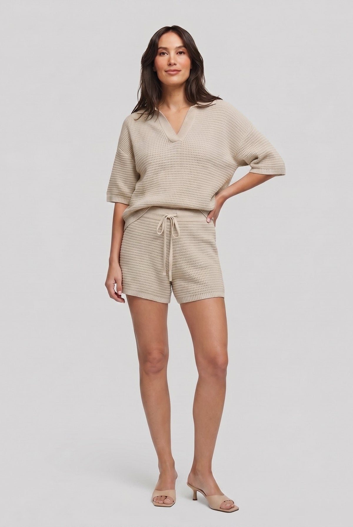 Wina Knit Set in beige — soft knit V-neck top and casual shorts two-piece set