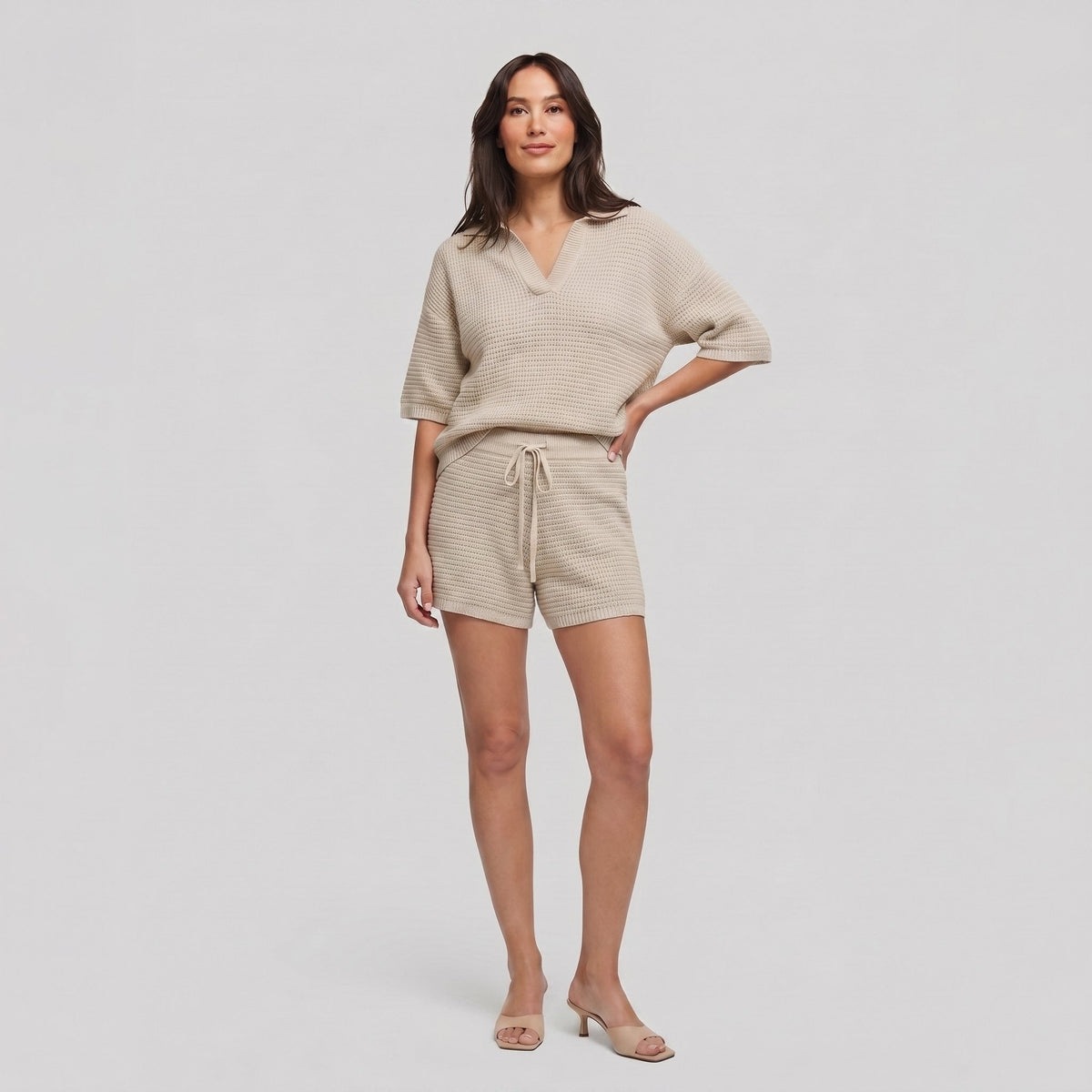 Wina Knit Set in beige — soft knit V-neck top and casual shorts two-piece set
