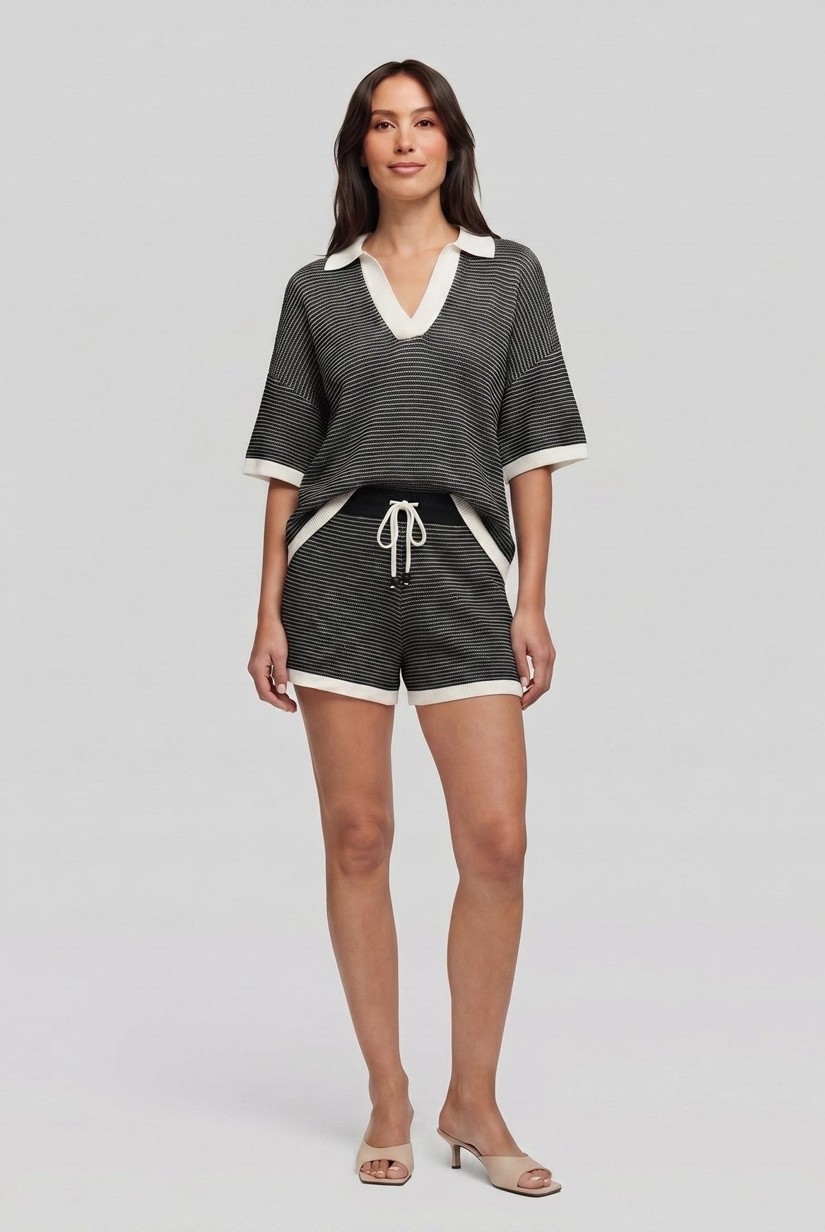 Wina Knit Set in charcoal black — soft knit V-neck top and casual shorts two-piece set
