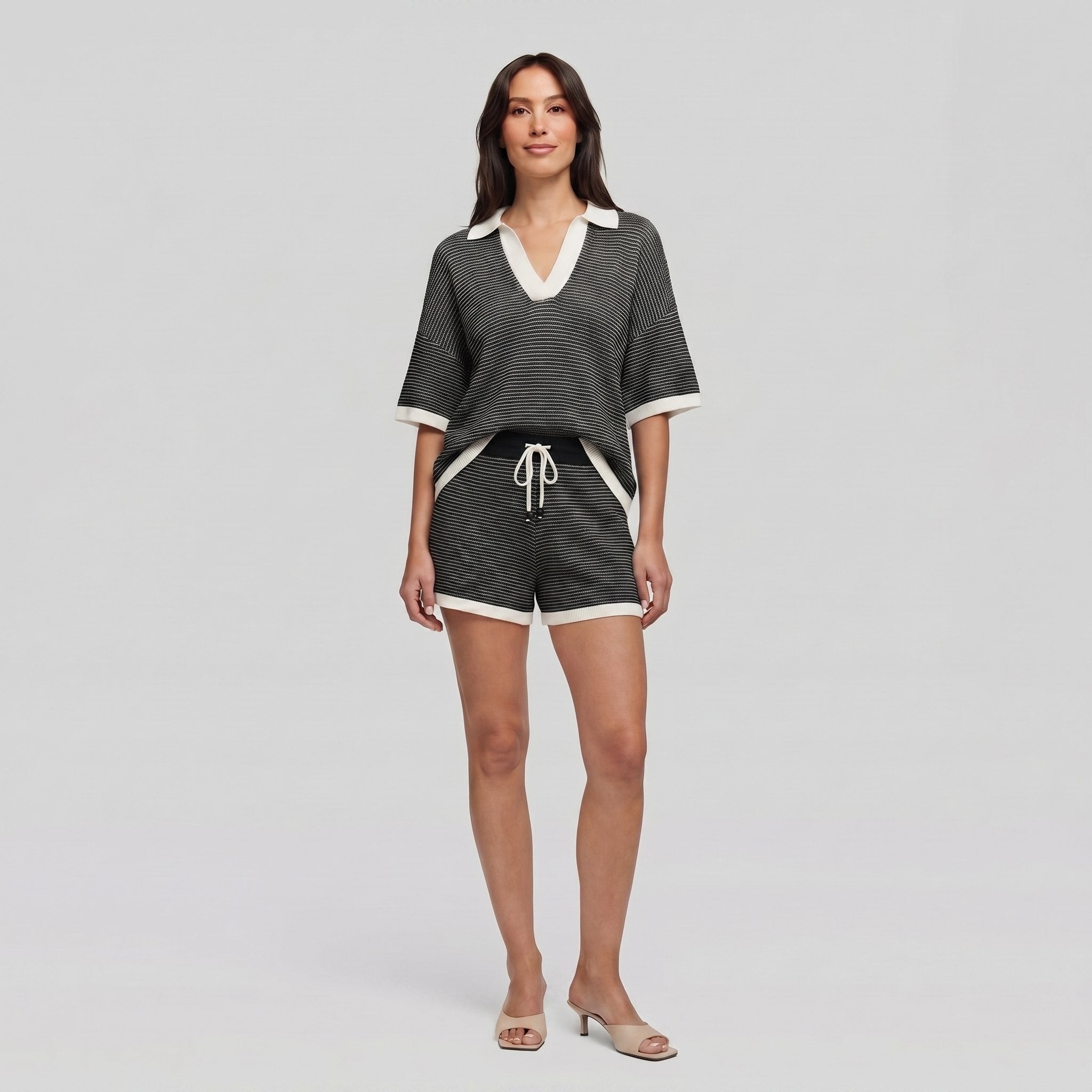 Wina Knit Set in charcoal black — soft knit V-neck top and casual shorts two-piece set