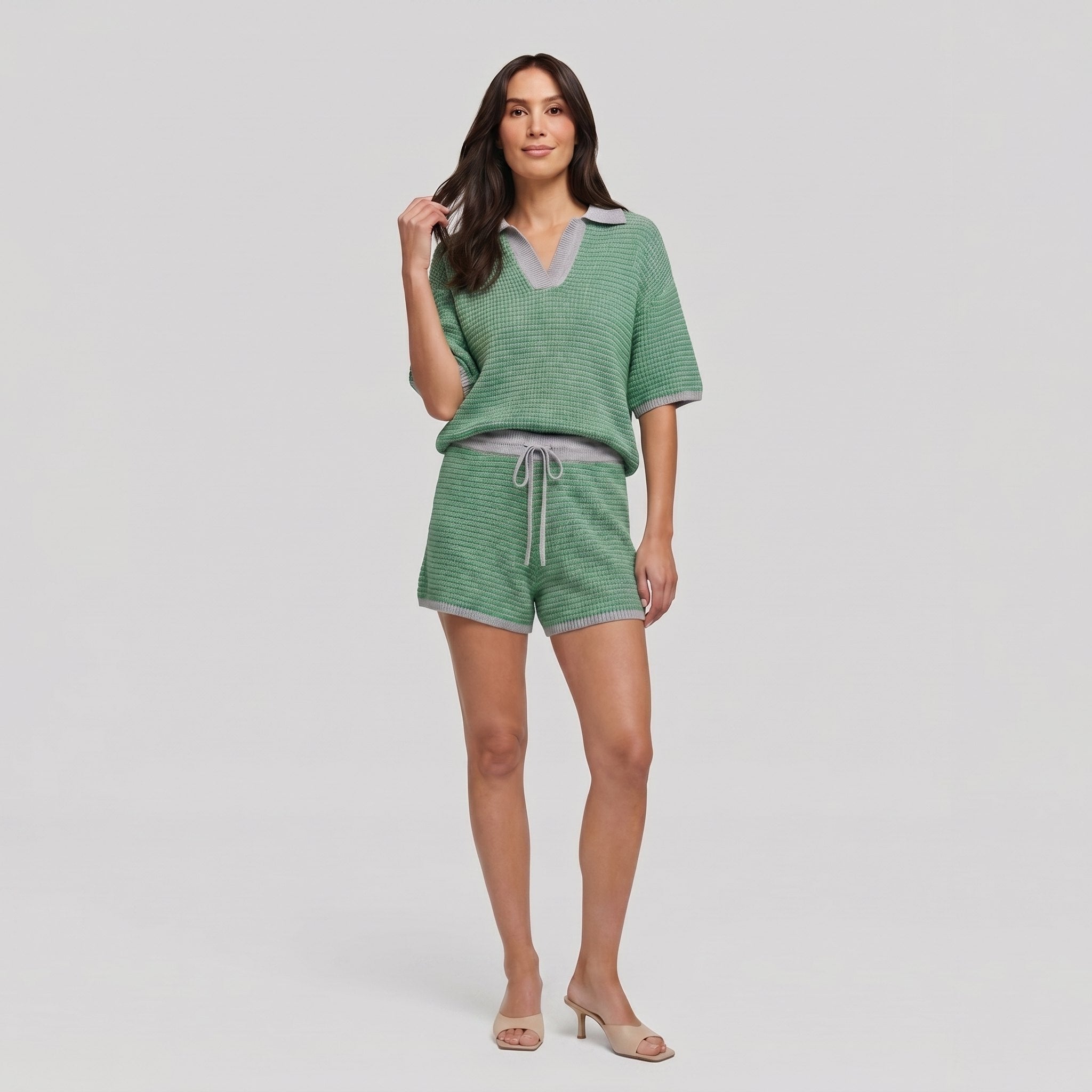 Wina Knit Set in green — soft knit V-neck top and casual shorts two-piece set