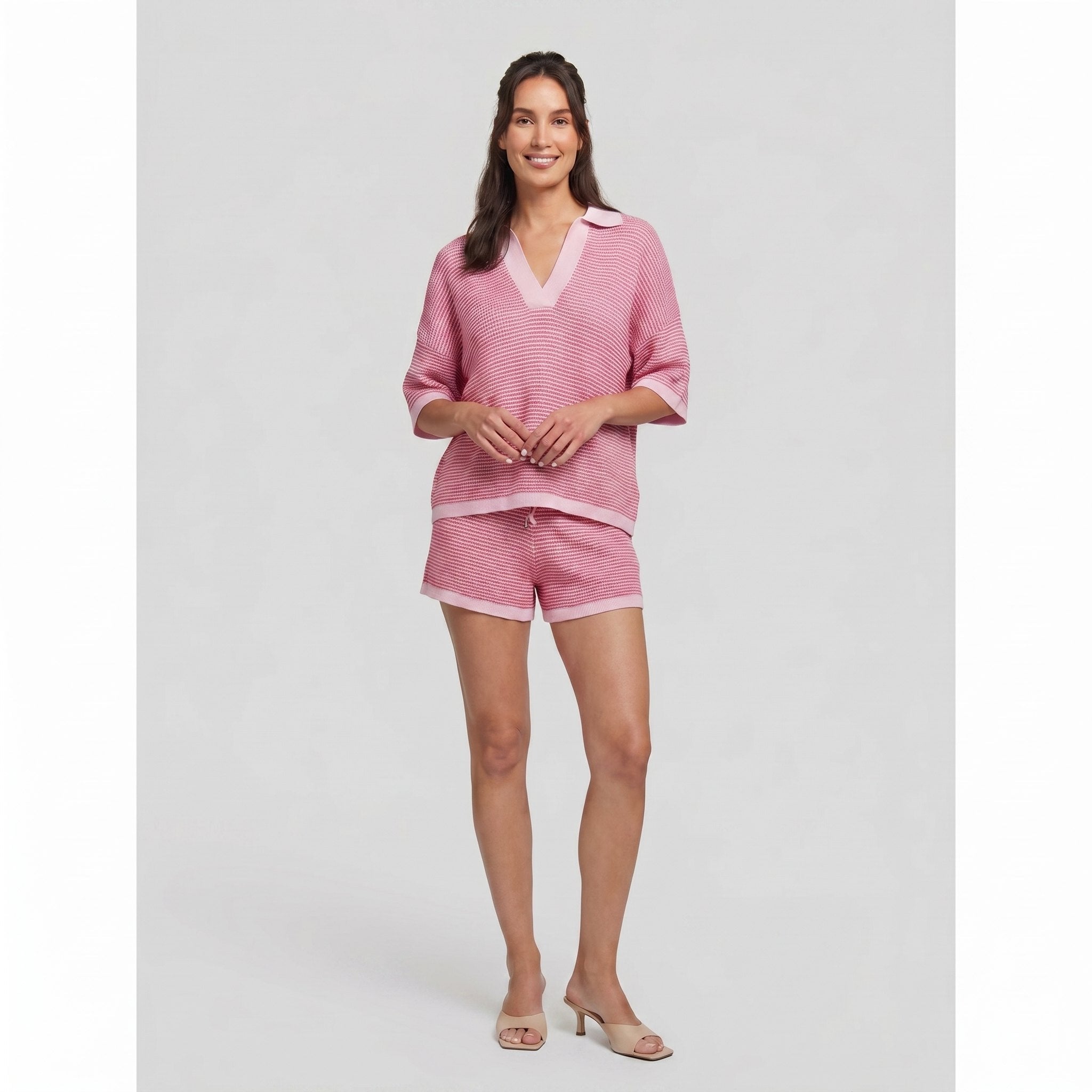 Wina Knit Set in pink — soft knit V-neck top and casual shorts two-piece set