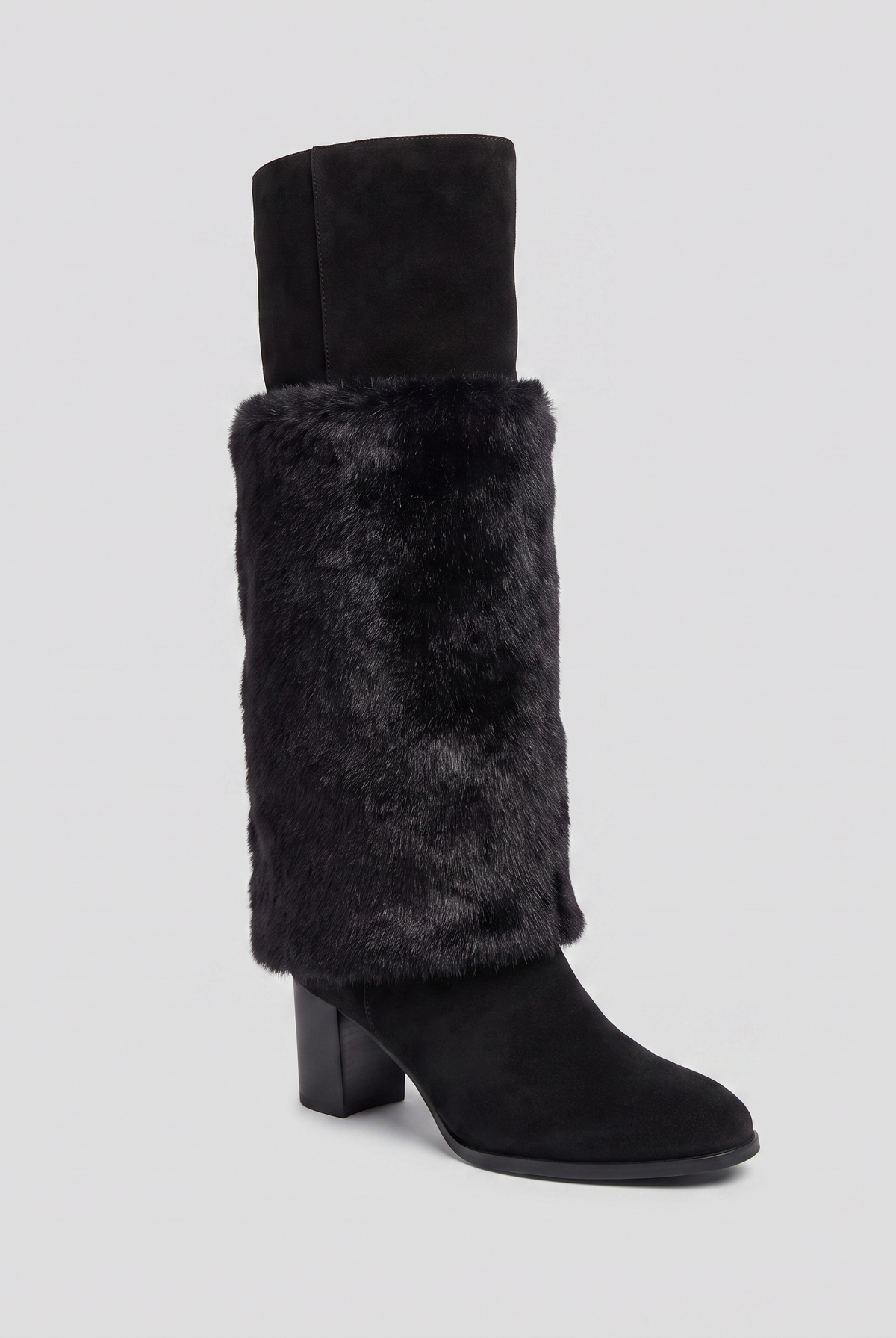 Mid-calf boots with a fold-over faux fur cuff and chunky heel, view 3