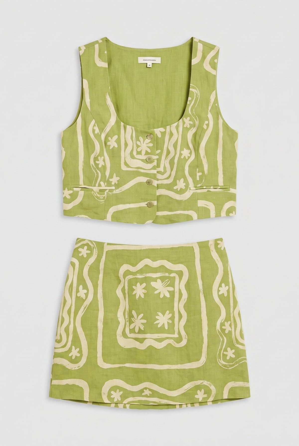 Lime green linen co-ord set, product flat-lay of vest top and mini skirt