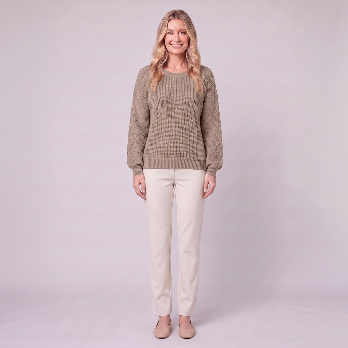 Amalie ribbed pullover in taupe grey, front view on model