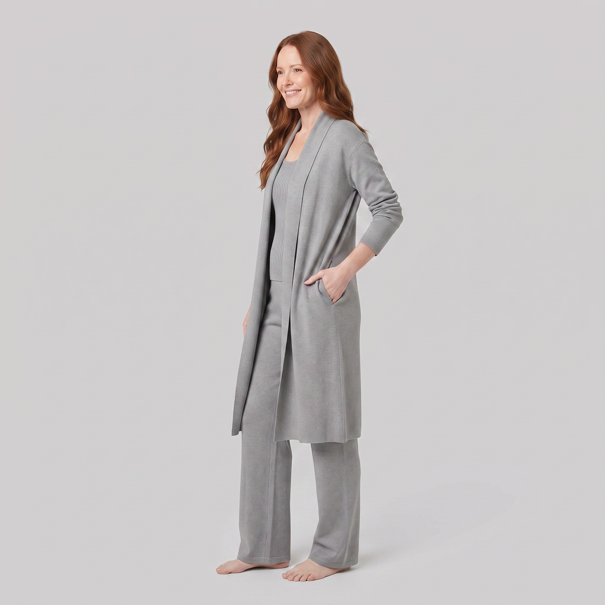 Grey three-piece knit lounge set, side view