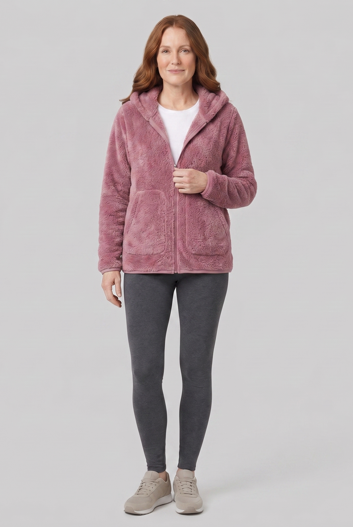 Dusty pink hooded fleece jacket with a plush pile, view 1