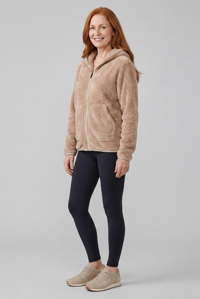 Beige hooded fleece jacket with a plush pile, view 2