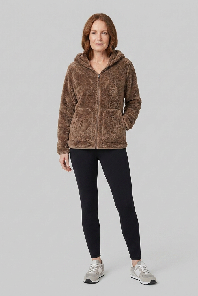 Brown hooded fleece jacket with a plush pile, view 3