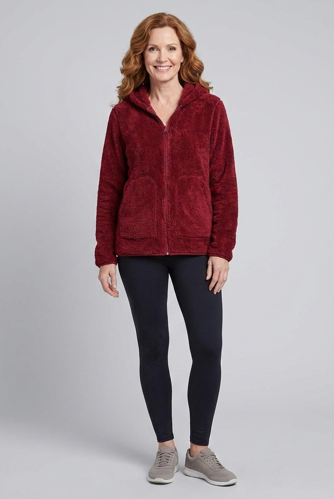 Red hooded fleece jacket with a plush pile, view 5
