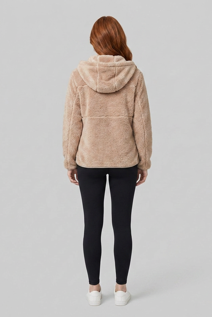Beige hooded fleece jacket, back view