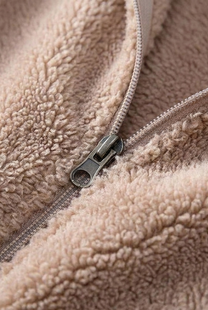 Close view of the zip and plush pile texture, view 8