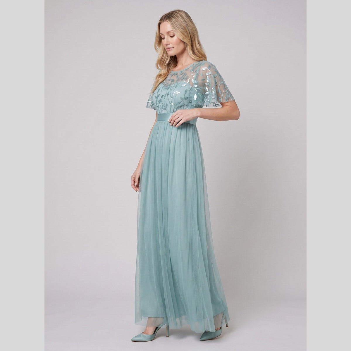 Maxi dress with a sequin bodice, tulle skirt and short sleeves, view 4