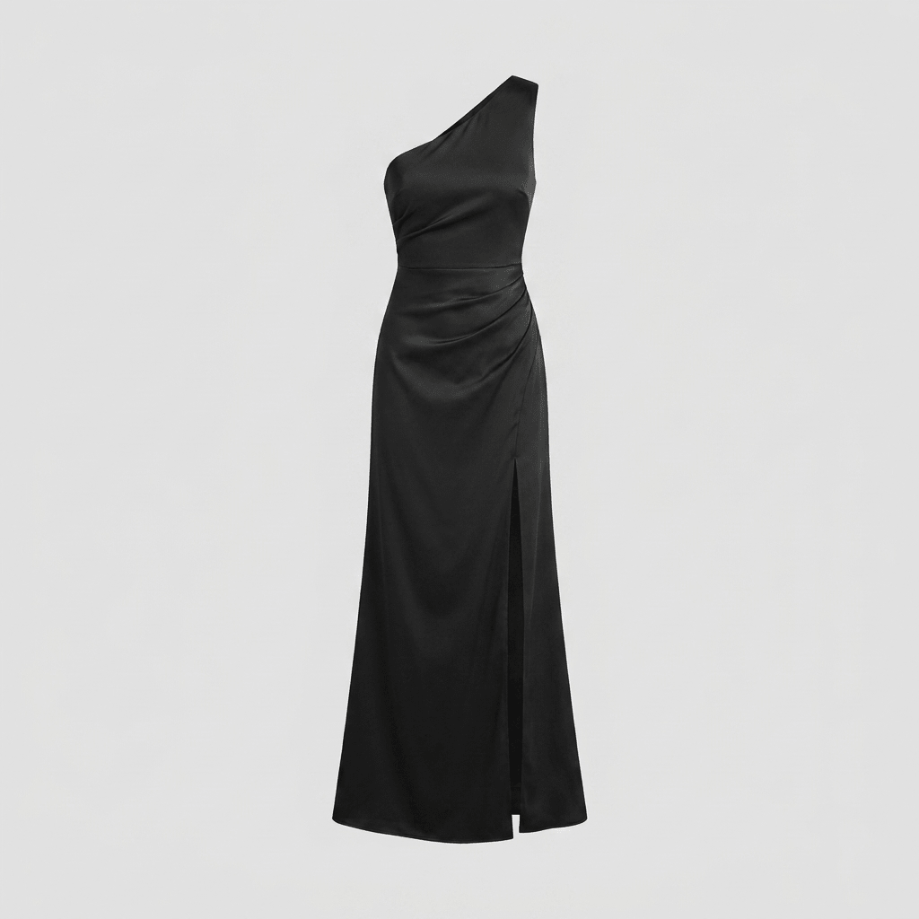 Black one-shoulder evening gown with a side slit, view 2