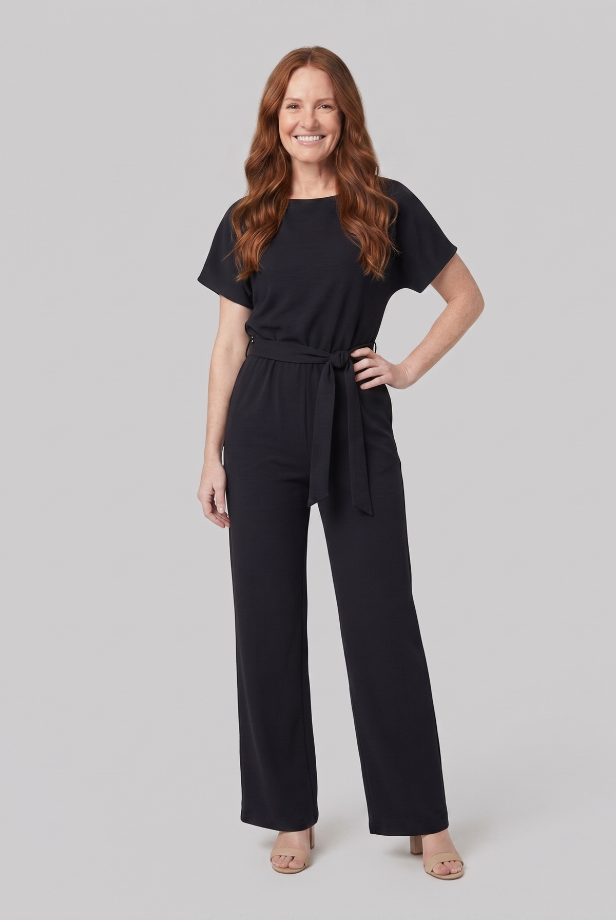 Wide-leg jumpsuit with a boat neck and self-tie belt, front view