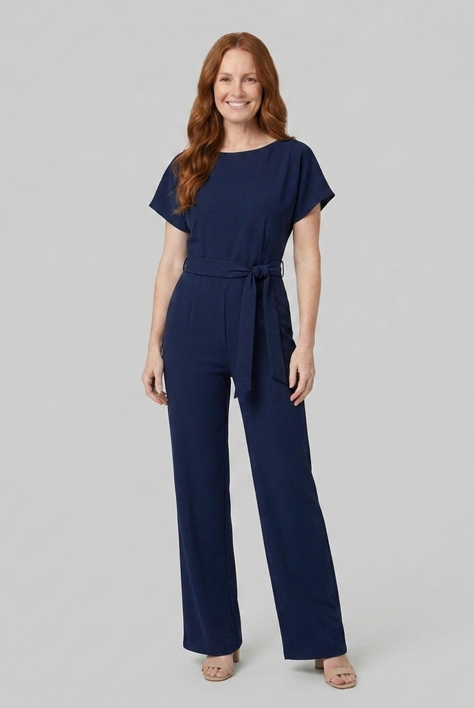Wide-leg boat neck jumpsuit in navy blue, front view