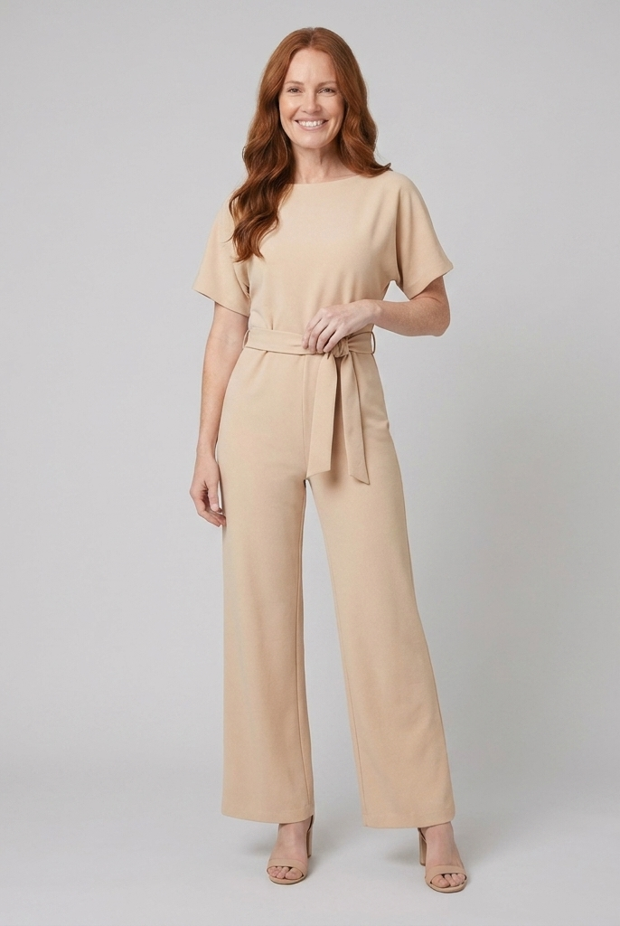 Wide-leg boat neck jumpsuit in apricot, front view