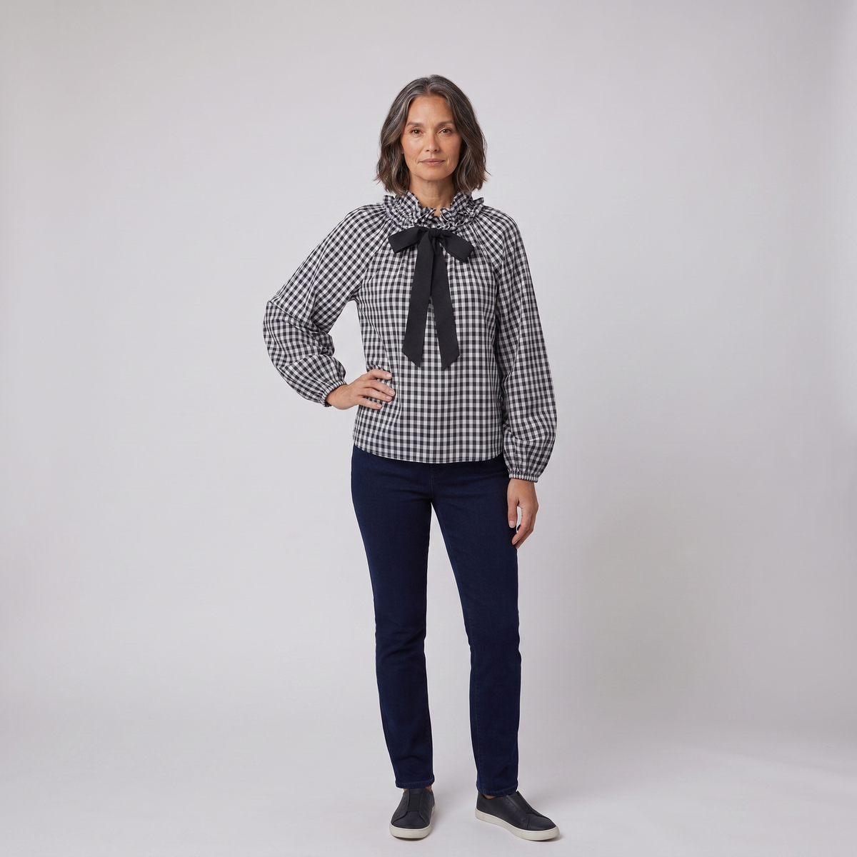 Oversized cotton blouse with a ruffled collar, front view