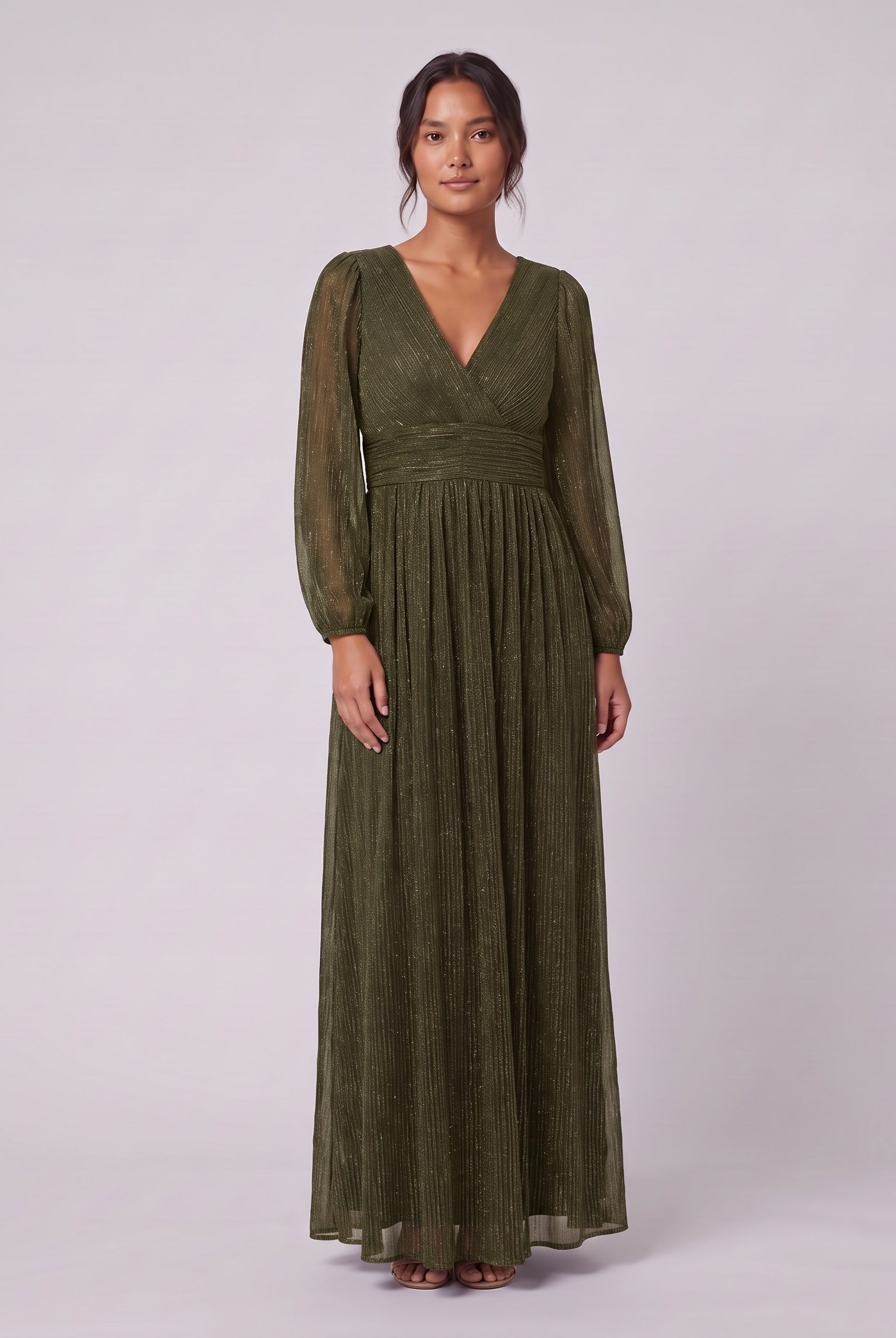 Brym glitter knit gown in olive green, front view