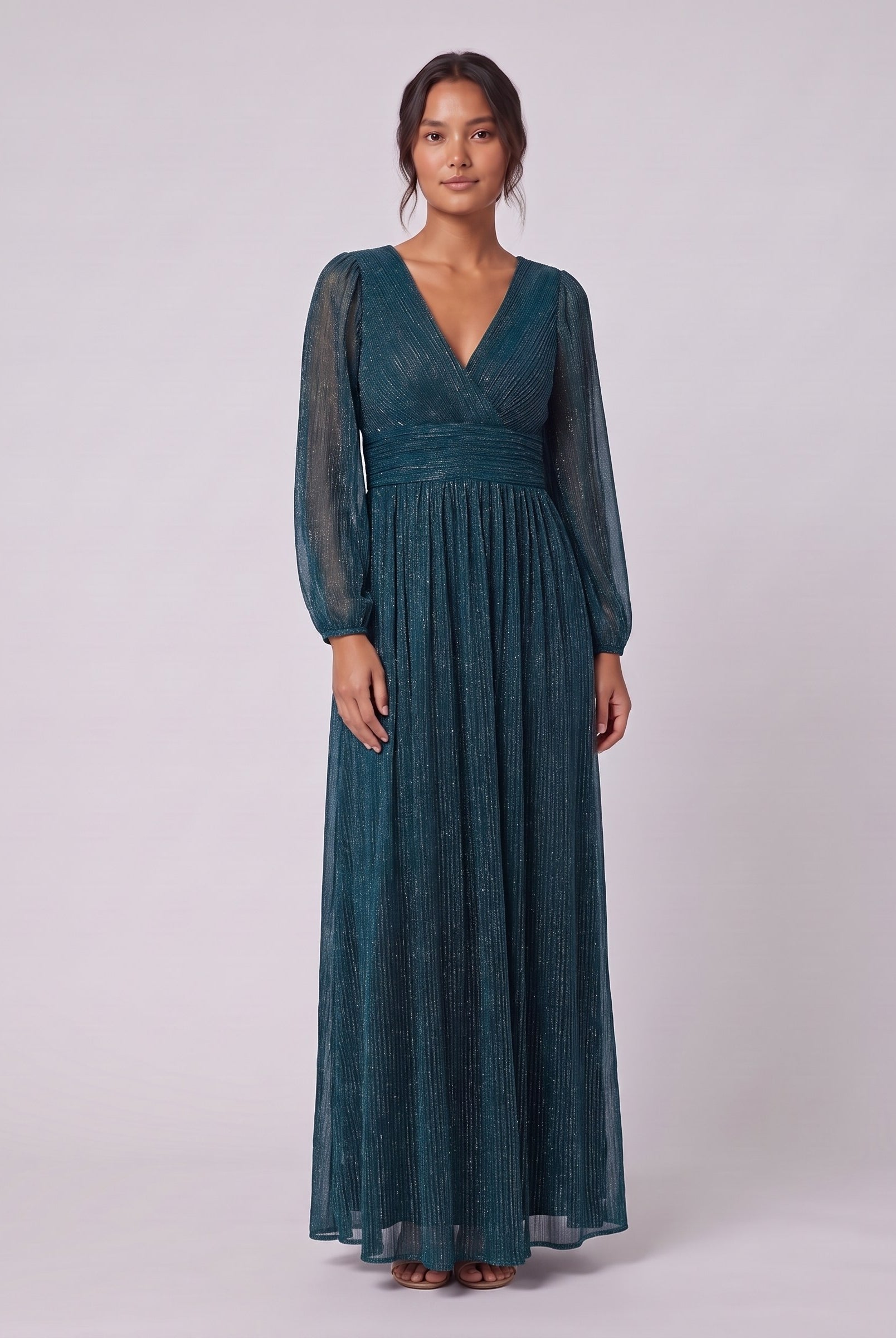 Brym glitter knit gown in teal, front view