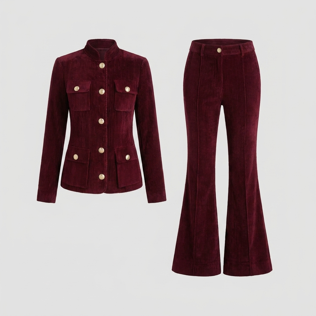 Burgundy corduroy set with the matching waist belt, view 4