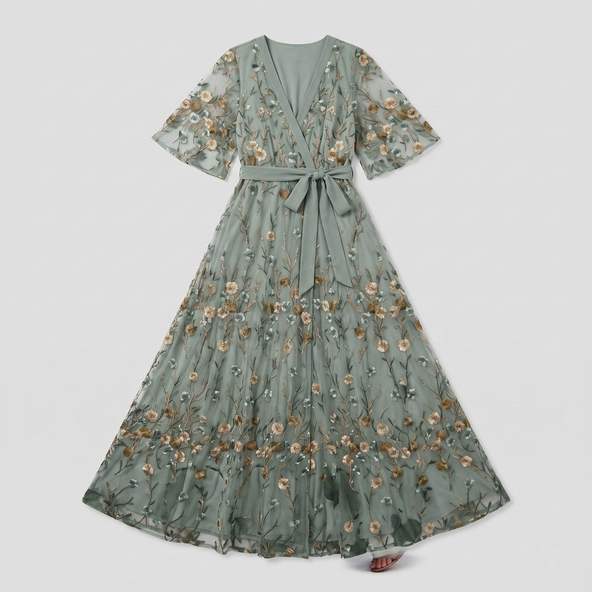 Green evening gown with sheer floral embroidery and a V-neck, view 5